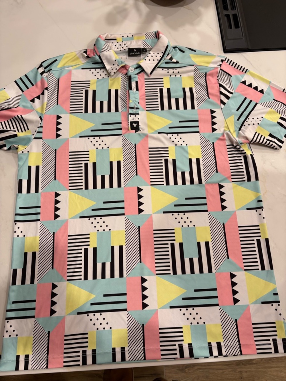 Bad Birdie Pastel Geo-Block Polo in Pink, Mint, Yellow & Black